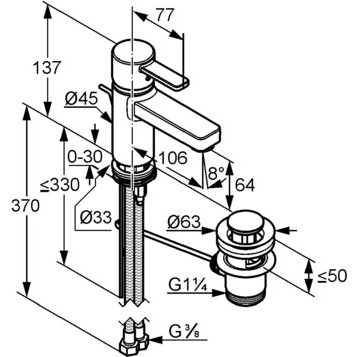 Смеситель KLUDI ZENTA 382530575 для раковины на одно отверстие однорычажный с донным клапаном