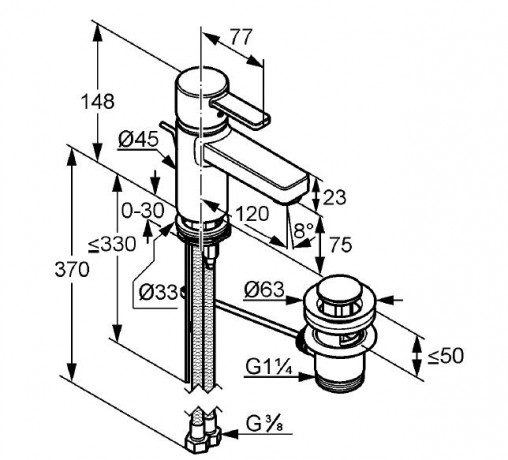 Смеситель KLUDI ZENTA 382600575 для раковины на одно отверстие однорычажный с донным клапаном