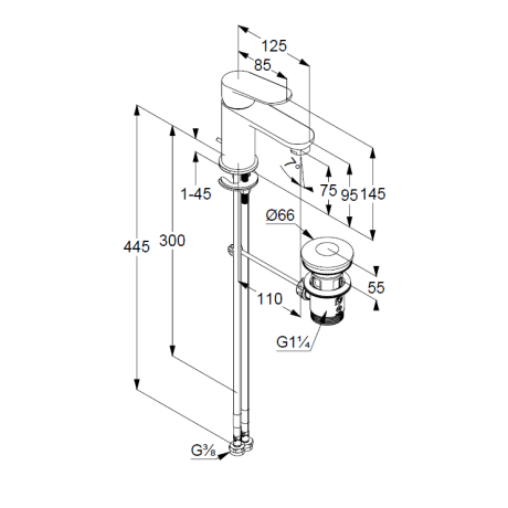 Смеситель KLUDI X1 322663975 для раковины на одно отверстие однорычажный с донным клапаном