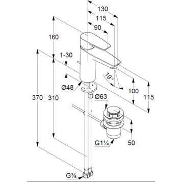 Смеситель KLUDI PURE&SOLID 342900575 для раковины на одно отверстие однорычажный с донным клапаном