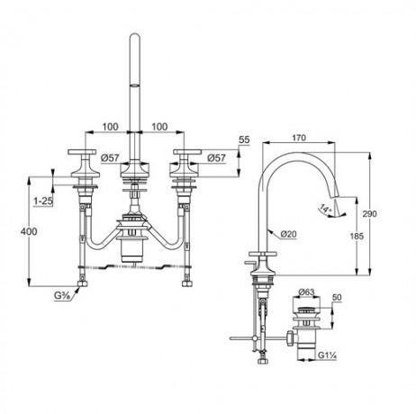 Смеситель KLUDI NOVA FONTE Déco 201430539 для раковины на три отверстия двухвентильный