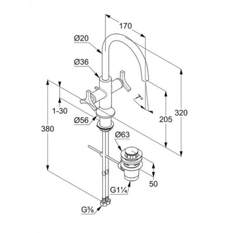 Смеситель KLUDI NOVA FONTE Déco 201180539 для раковины на одно отверстие двухвентильный с донным клапаном