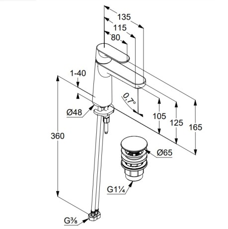 Смеситель KLUDI LOUVA 242883975 для раковины на одно отверстие однорычажный с донным клапаном