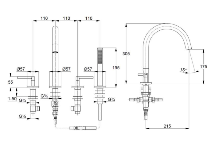 Смеситель KLUDI NOVA FONTE Puristic 204253915 для ванны на бортик