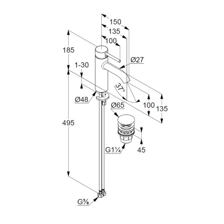 Смеситель KLUDI BOZZ WHITE 382885376 для раковины на одно отверстие однорычажный с донным клапаном