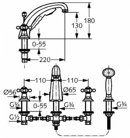 Смеситель KLUDI ADLON 5152405G5 для ванны на бортик хрустальные рукоятки «Made with Swarovski® Elements»
