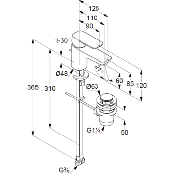 Смеситель KLUDI PURE&STYLE 403850575 для раковины на одно отверстие однорычажный с донным клапаном