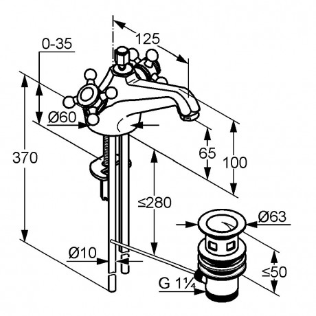 Смеситель KLUDI ADLON 510124520 для раковины на одно отверстие двухвентильный с донным клапаном