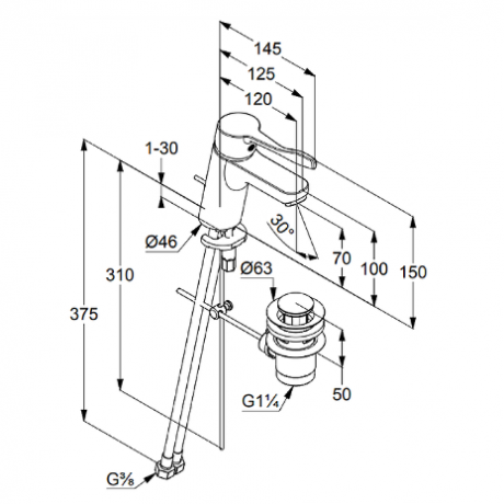 KLUDI PURE&EASY CARE Однорычажный смеситель на умывальник 70, c донным клапаном, арт. 372840565