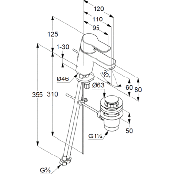 Смеситель KLUDI PURE&EASY 373850565 для раковины на одно отверстие однорычажный с донным клапаном